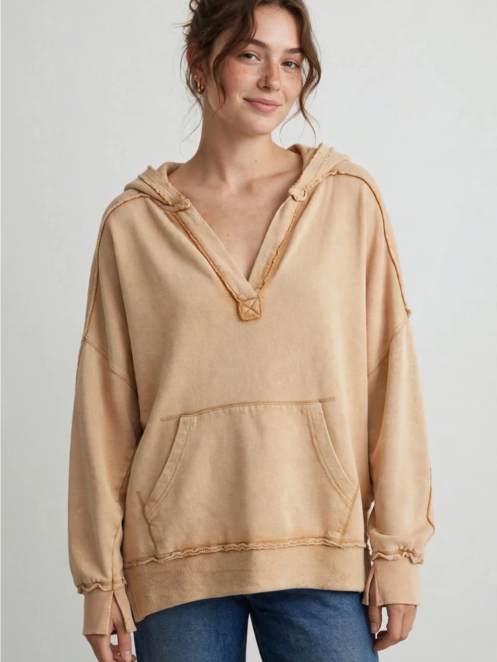 We The PeopleTan Oversized V Neck Hoodie Small Distressed Boho Kangaroo Pocket